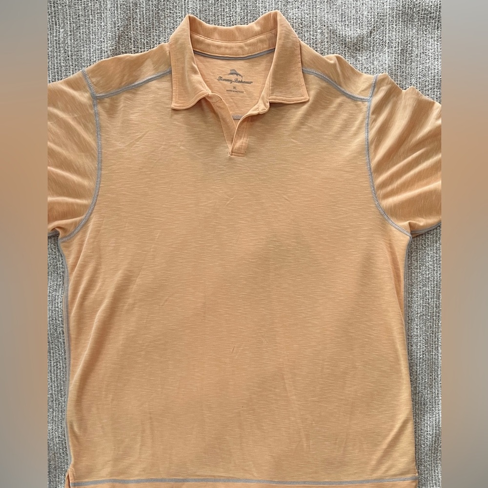Men’s Tommy Bahama Size XL Buttery Soft Polo Tangerine with Gray Stitching